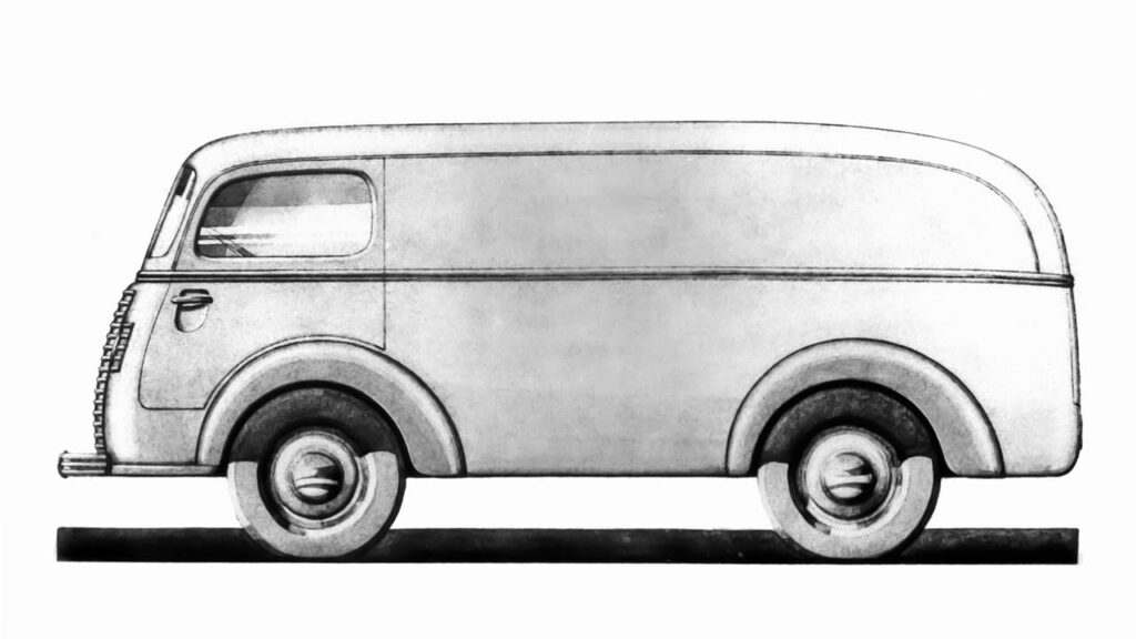Szkic dostawczego Opla typu 1.5-23 COE (kabina nad silnikiem), 1938