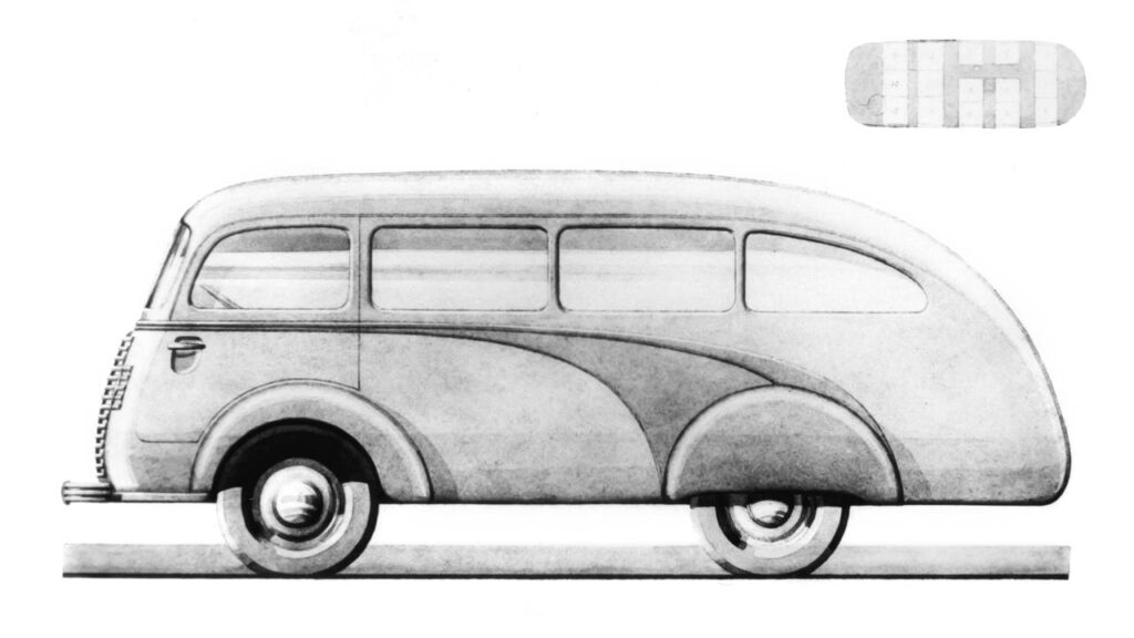Szkic piętnastomiejscowego minibusa Opel typ 1,5-23 COE (kabina nad silnikiem), 1938