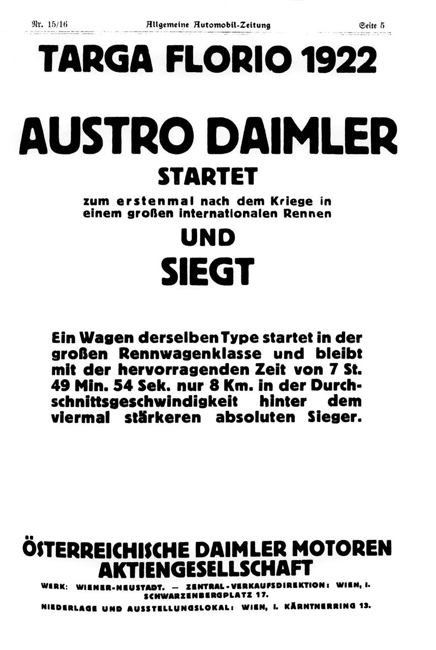 13. wyścig Targa Florio 2 kwietnia 1922: Artykuł w Allgemeine Automobil-Zeitung o sukcesie samochodów wyścigowych Austro-Daimler-Sascha na Targa Florio 1922.