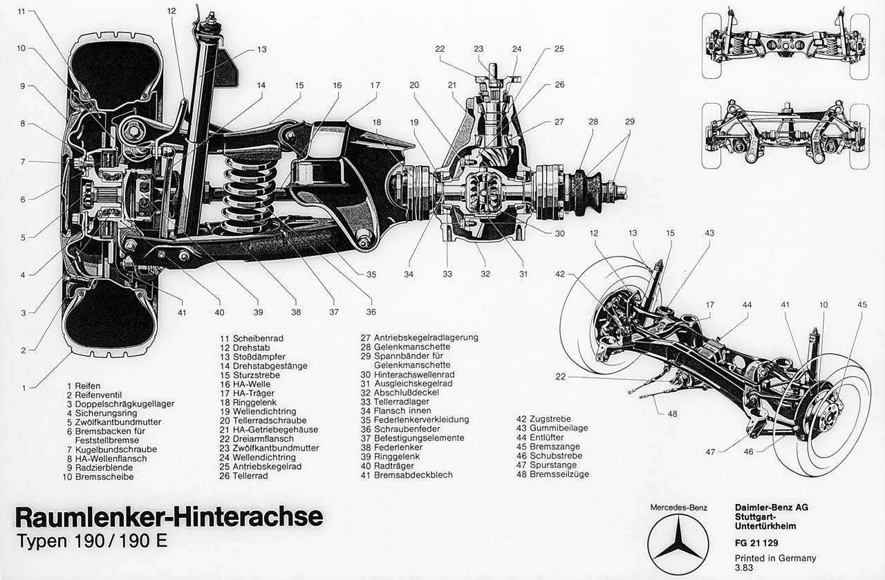 Kompaktowy Mercedes-Benz serii 201. Tylne zawieszenie multi-link. Rysunek serwisowy z 1983 roku. 
